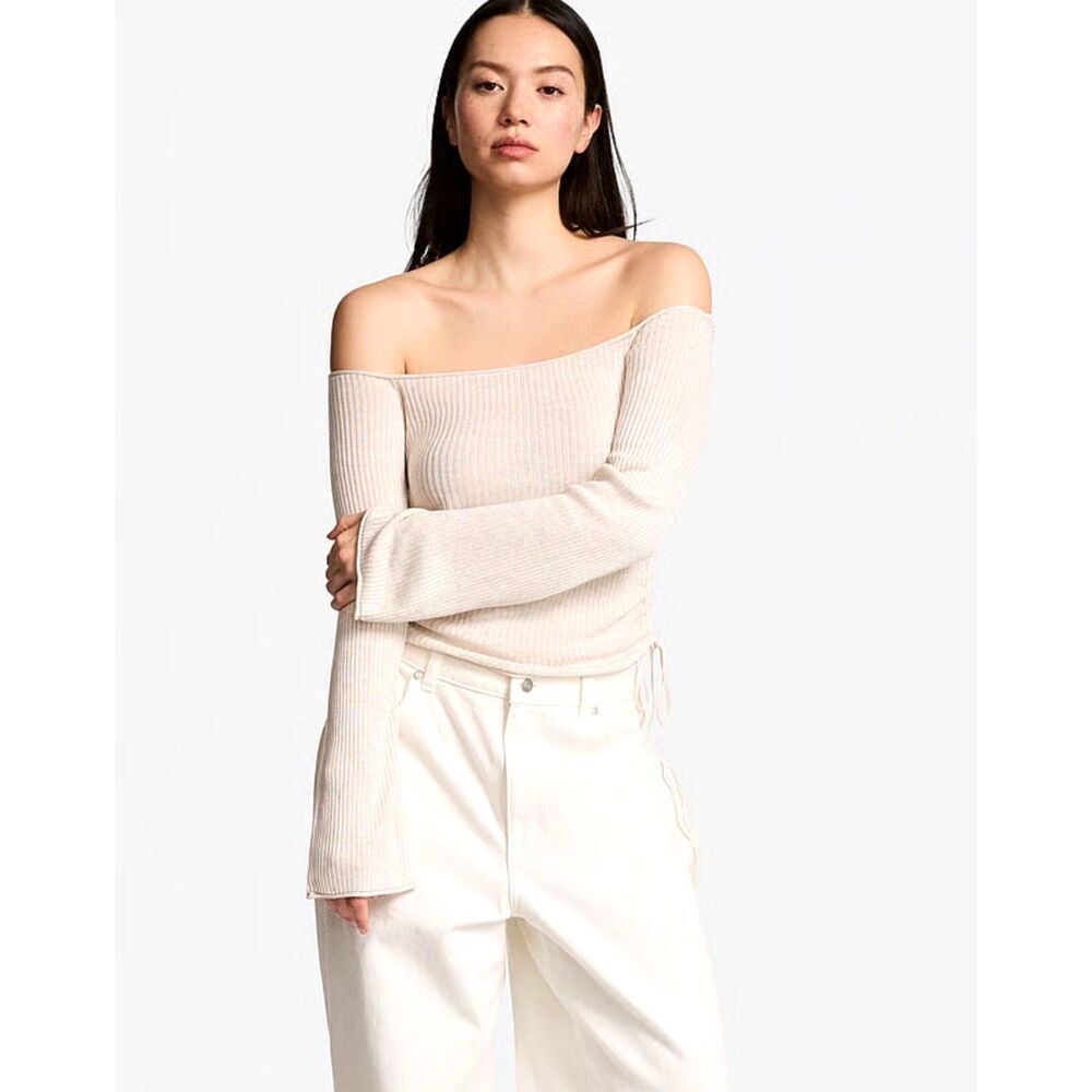 Victoria's Secret PINK Side-Ruched Top Off-the-Shoulder Knit Sweater Cream Tan M
